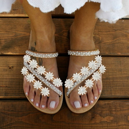 

〖Yilirongyumm〗 White 41 Slippers For Women Flower Summer Pearl Boho Style Beach Lace Shoes Slippers Thong Flat Spring And Fashion Women Slipper