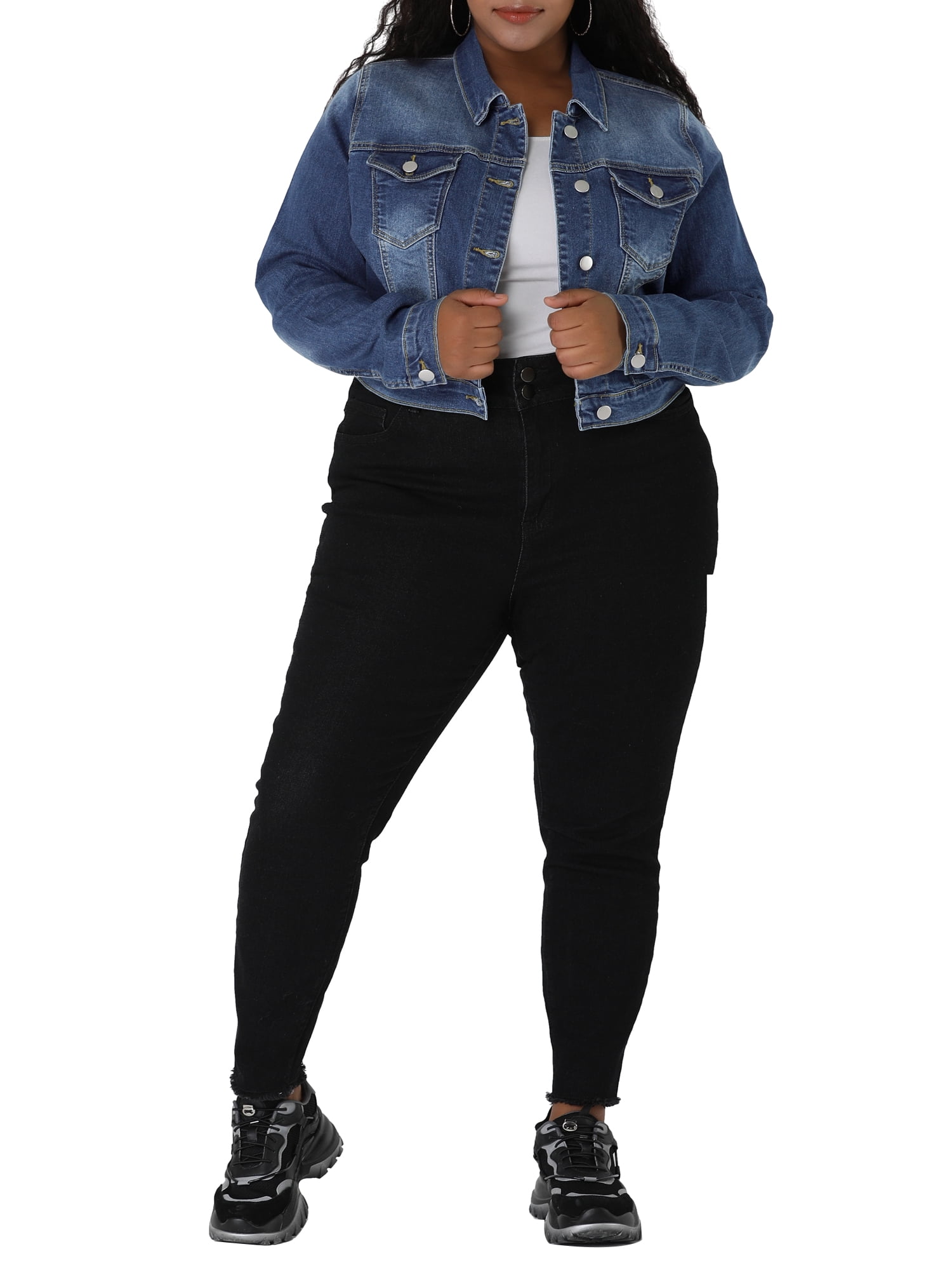 Unique Bargains Juniors' Plus Size Button Closed Cropped Denim Jacket