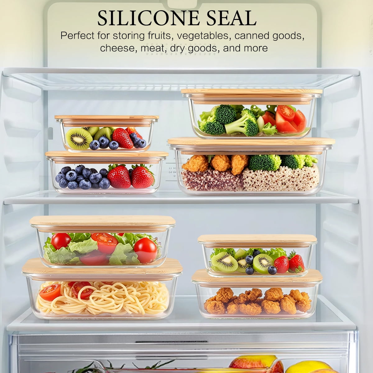 8 Pcs Glass Food Storage Containers with Bamboo Lids, Meal Prep Glass Containers Bento Lunch Box, Safe for Microwave, Oven, Freezer and Dishwasher, BPA Free