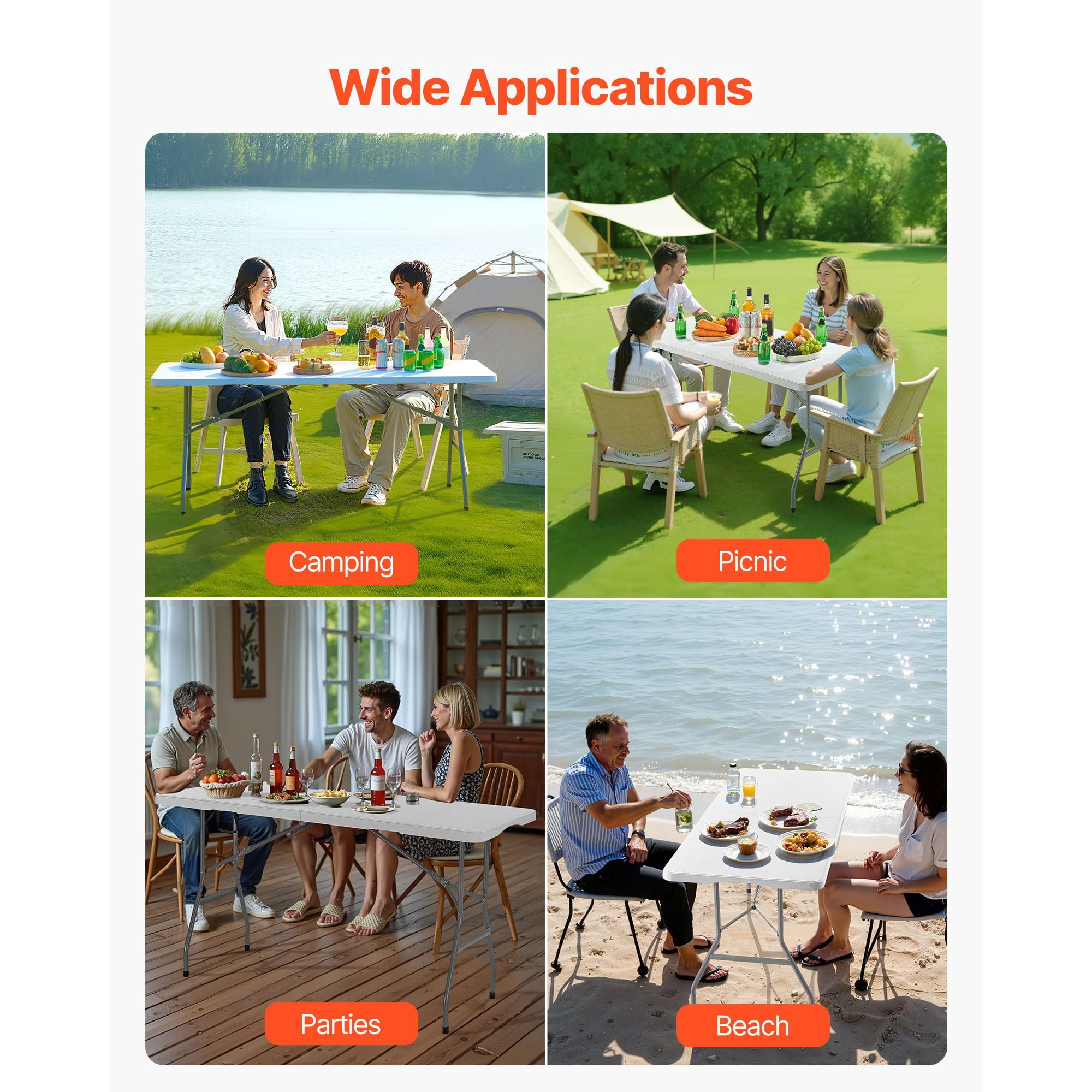 6 FT Fold-in-Half Utility Folding Table, 3.8cm Thick HDPE Portable Rectangle Table Supports 330 LBS, Built-in Handle Locking Legs for Camping Picnic BBQ Wedding Indoor Outdoor