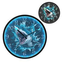 Voice Activated Clock with Glow Light 12 Inch Large Silent Wall Clock Battery Operated for Home Decor Aggressive Blue Shark