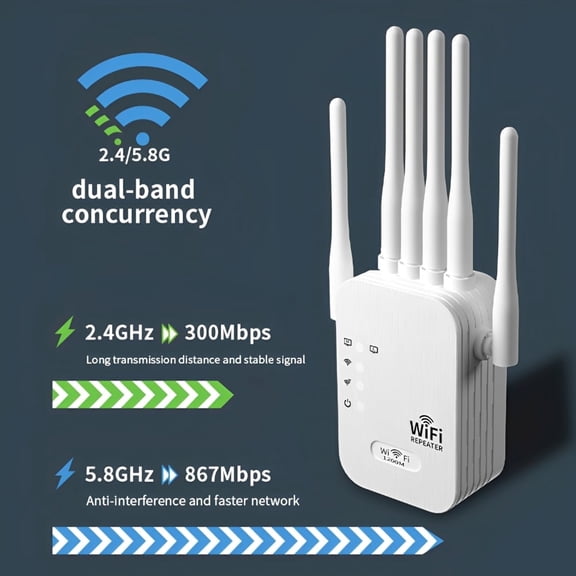 2025 WiFi Extender with 6 External Antennas - 1.2Gbps Dual Band 5.8GHz/2.4GHz Signal Booster, 9800 Sq.ft WiFi Range Extender, 1-Tap Setup for Home Office