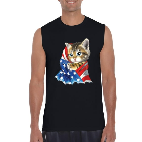 Artix - Men's Graphic T-Shirt Sleeveless, up to Men Size 3XL - American Flag 4th of July Kitty