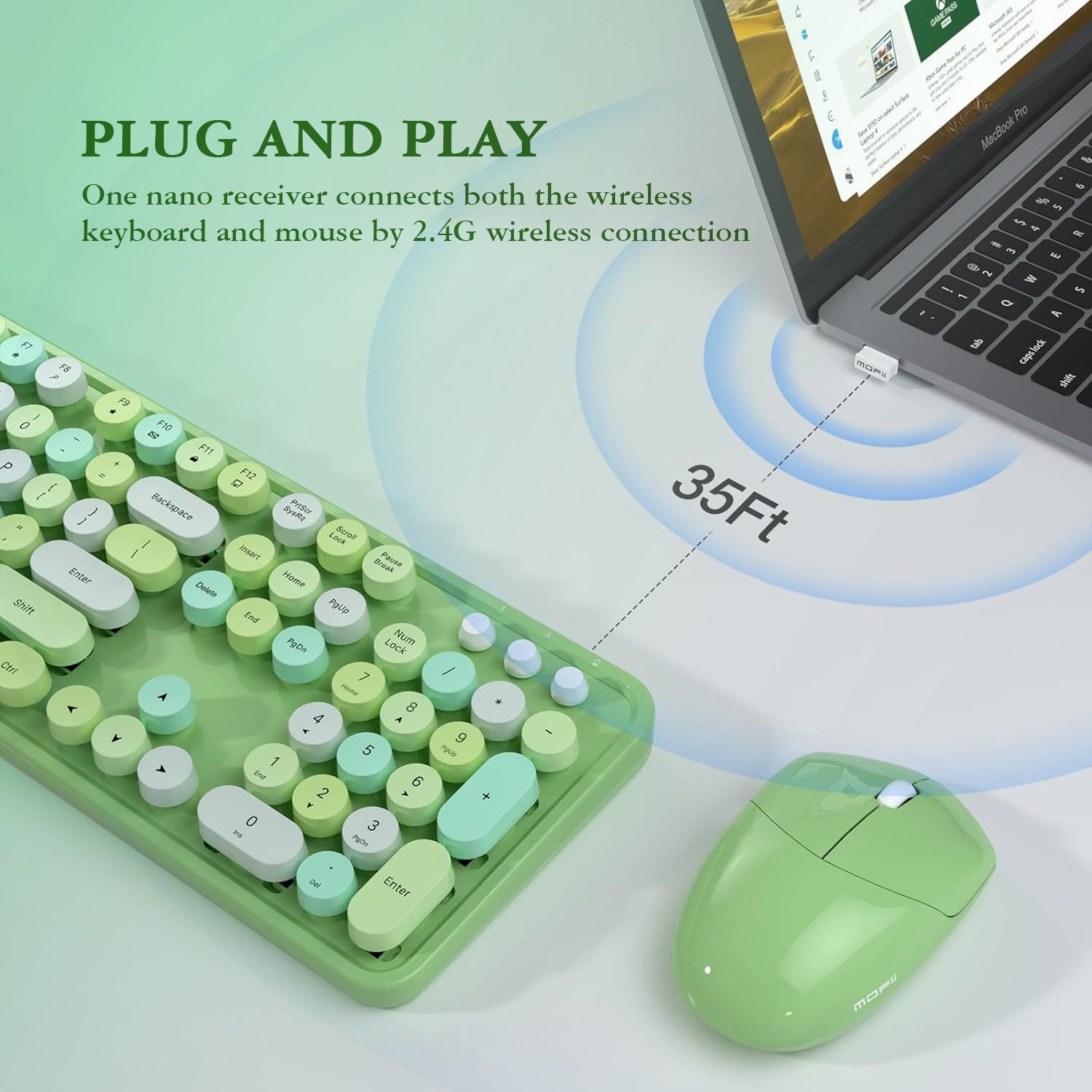 MOFII Wireless Keyboard and Mouse Combo 2.4GHz Retro Full-Size Keyboard with Number Pad and Cute Wireless Mouse for PC Desktop Laptop Mac Windows (Green)