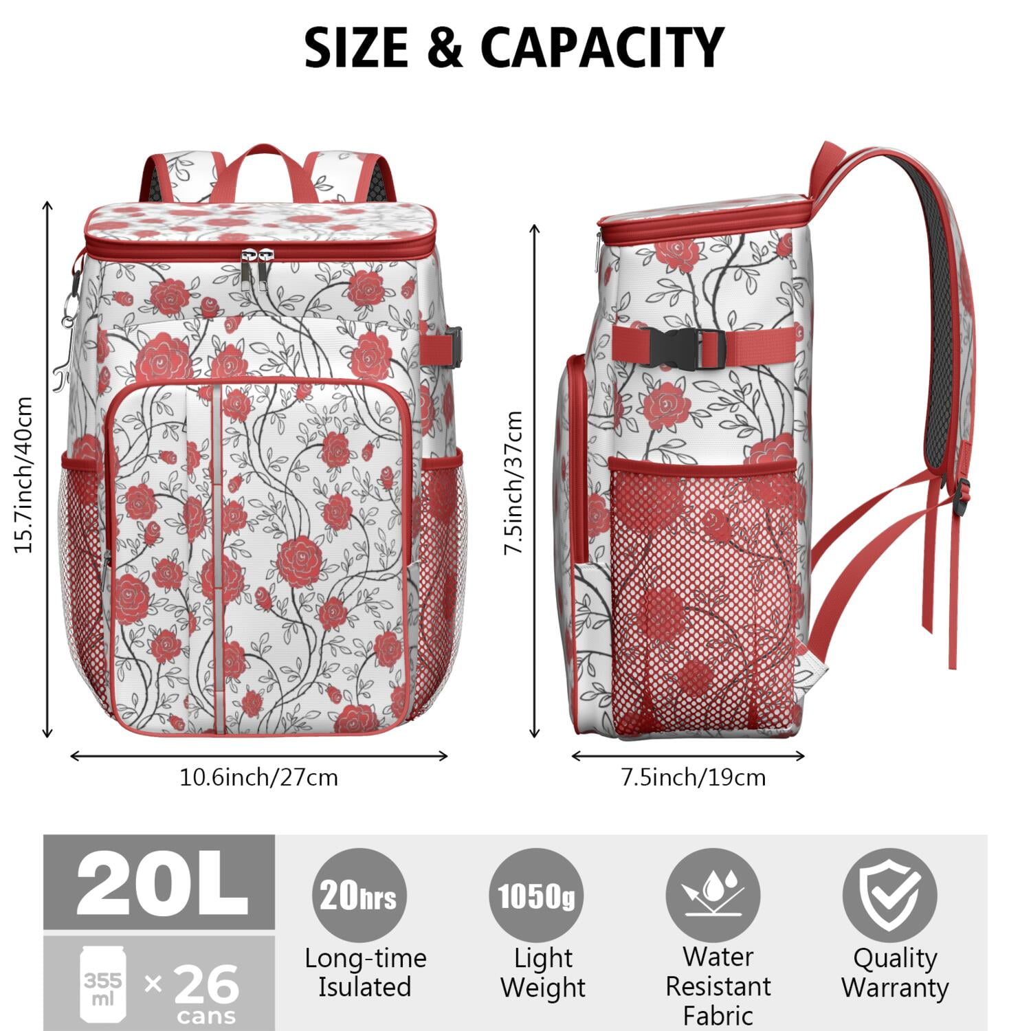 Travel Cooler Bag - Pioneer Flower Floral Print Pattern Camping Beer Cooler Backpack with Bottle Opener- Waterproof Insulated Picnic Backpacks - Cooler Bag for Beach