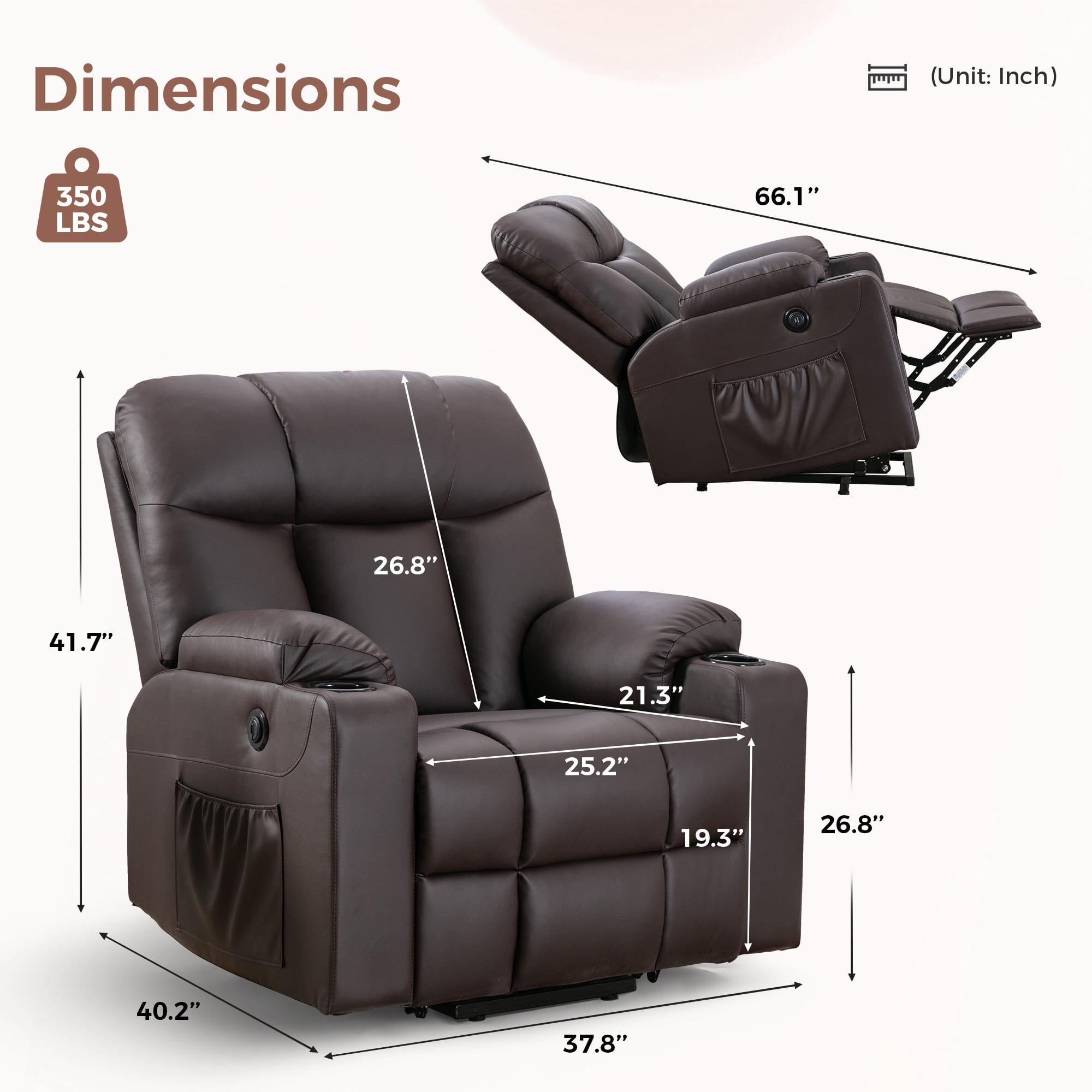 Bonzy Home Electric Recliner Living Room Heated Massage Lift Chair Recliner with Cup Holder and USB, Brown