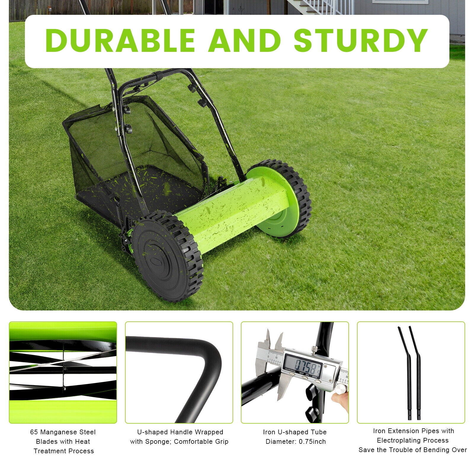 12-Inch Manual Reel Lawn Mower, 5-Blade Push Lawn Mower with 6-Gal Grass Catcher, Adjustable Cutting Height, Quiet Motorless Walk-Behind Grass Cutter for Small Yard, Garden, Lawn & Sidewalk