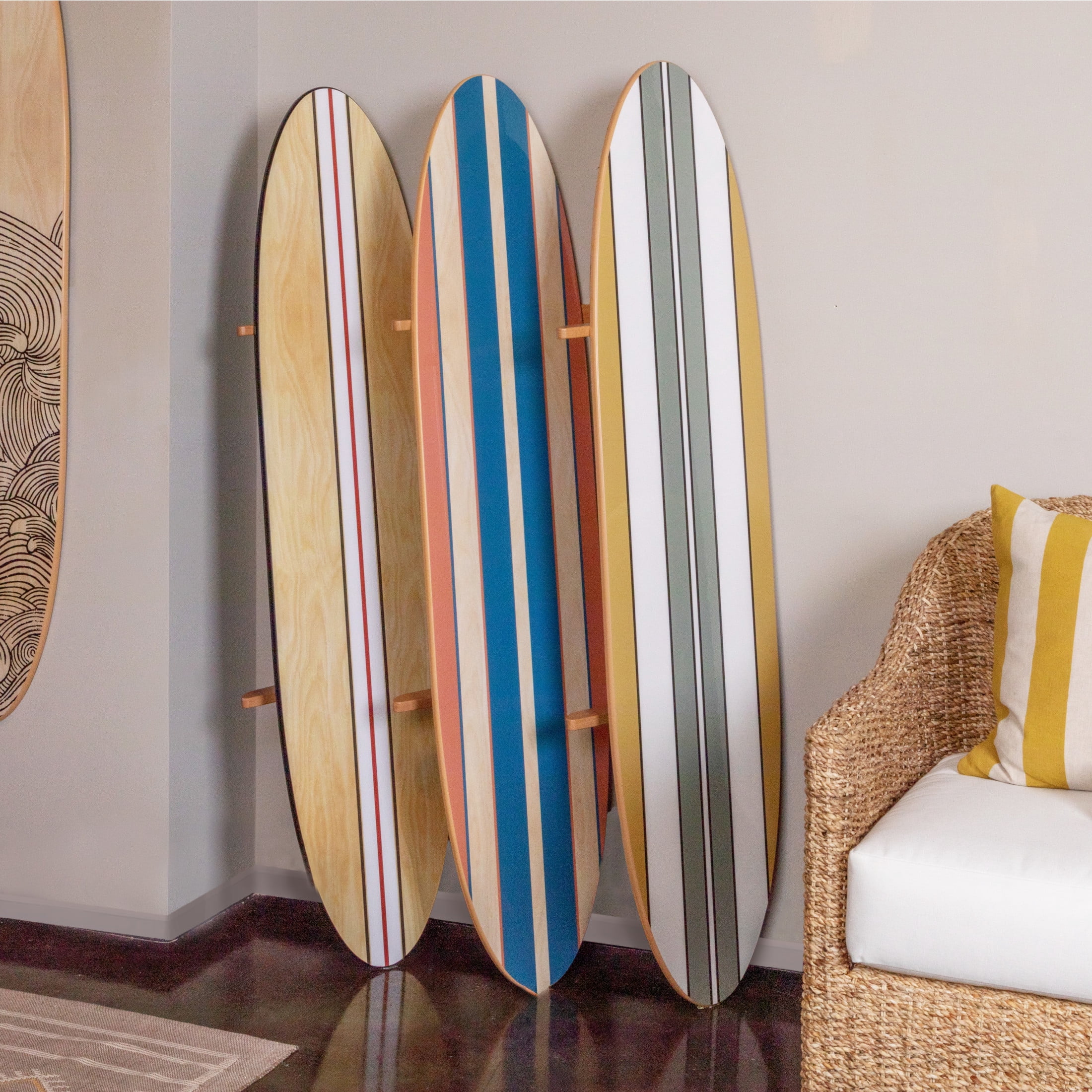 Creative Co-Op Coastal Decorative Surfboard Wall Décor for Living Room; Contemporary White Stripe Design Overlaid On Light Natural Wood