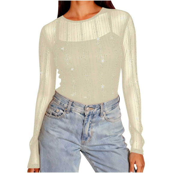BLVB Mesh Top Women Rhinestone Sparkly Sheer Tops for Women Long Sleeve See Through Shirt Glitter Going out Tee Blouses