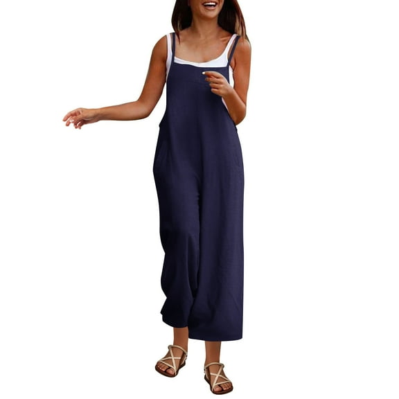 Women's Summer Boho Casual Jumpsuits Wide Leg Overalls Solid Color Baggy Rompers with Pockets 2025 Fashion