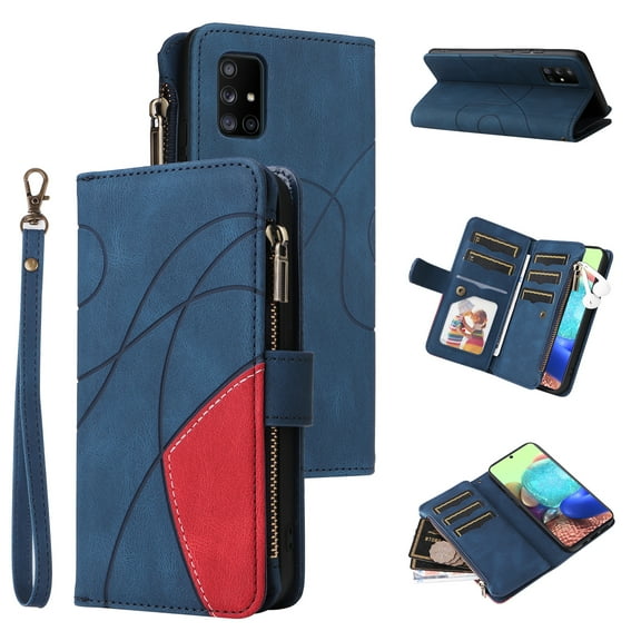 Multifunctional Case for Samsung A71 5G,[RFID Blocking] 9 Credit Cards Holder with Wrist Strap, Premium PU Leather Zipper Wallet Purse Magnetic Flip Phone Cover for Samsung Galaxy A71 5G, Blue