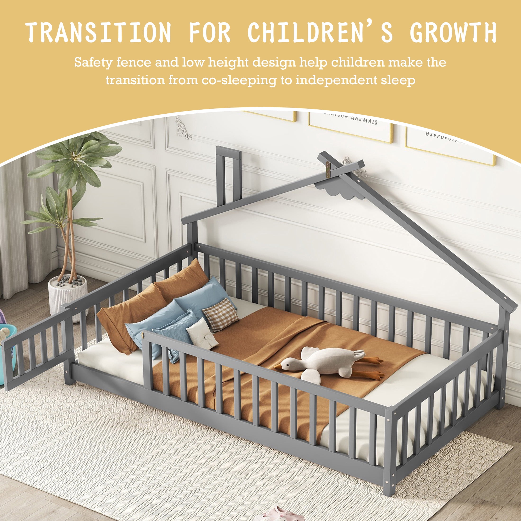 Aukfa Twin Bed Frame, House-Shaped Bedside Floor Bed with Full Length Guardrail Door, Gary
