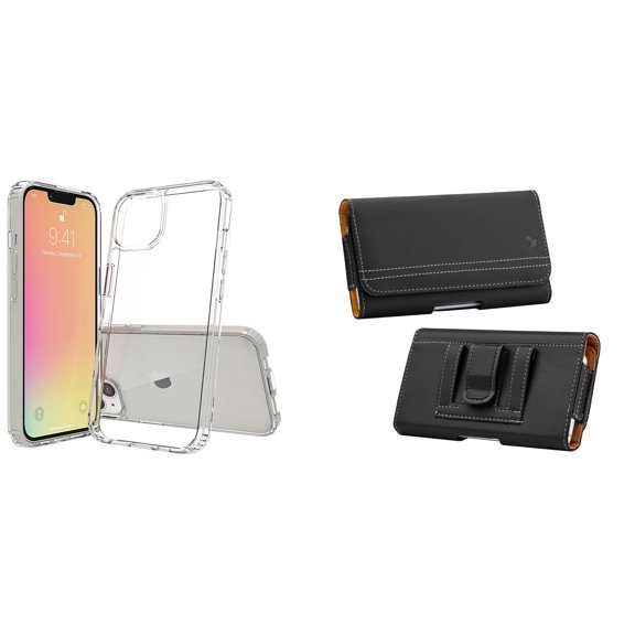 Bemz Case and Pouch Bundle for iPhone 14 Pro Max: Fusion Protector Slim Case (Transparent Clear) and PU Leather Magnetic Belt Holster