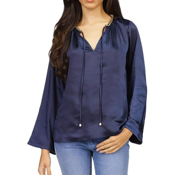Michael Kors Womens Satin Bell Tunic Blouse, Blue, X-Small