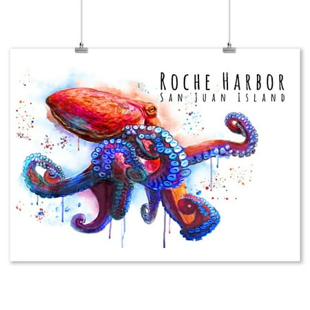 Watercolor Harbor - Roche Harbor, Washington - Octopus - Watercolor - Lantern Press Artwork (9x12 Art Print, Wall Decor Travel Poster)
