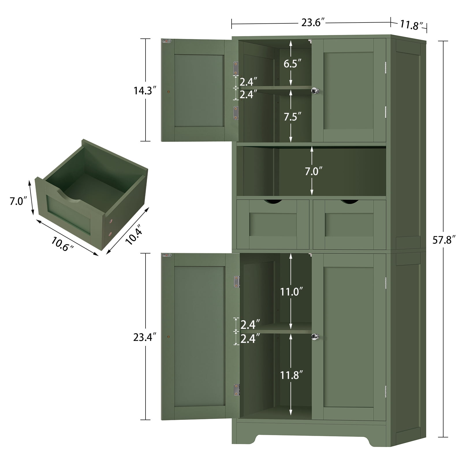 57.8" H Tall Bathroom Storage Cabinet with 2 Drawers & 2 Adjustable Shelves, Floor Cabinet with 4 Doors, Tall Cabinet for Living Room, Dining Room, Entryway, Forest Green