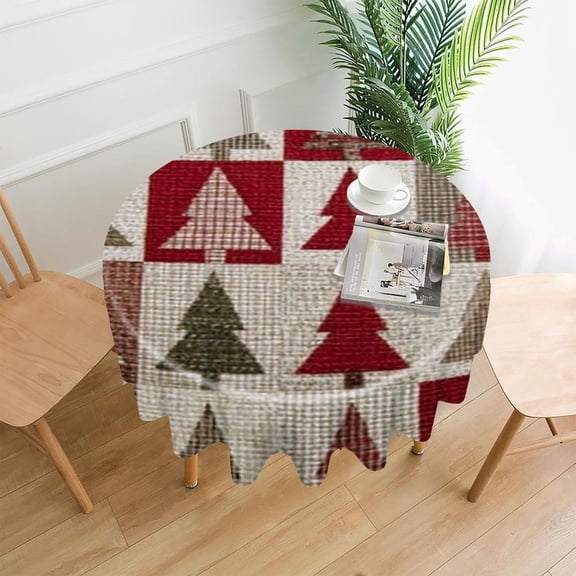 RKSupls 60 Inch Round Tablecloth, Christmas Trees Patchwork Premium Polyester Straight Edge Wrinkle Resistant Washable Table Cover for Party Home Dining Decor
