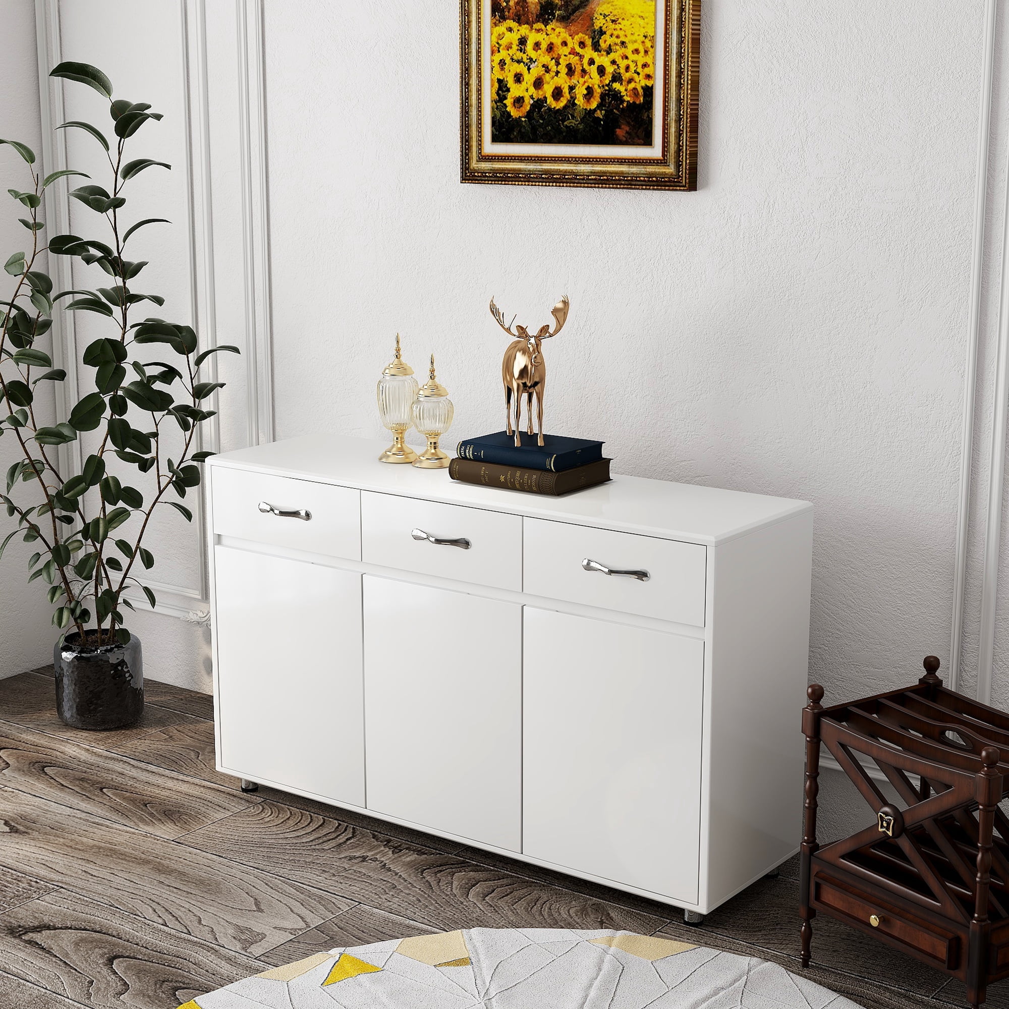 Mintazer Sideboard Buffet Cabinet with 3 Drawers & 3 Doors, Modern Storage Credenza with Adjustable Shelves for Kitchen Dining Room Living Room, White