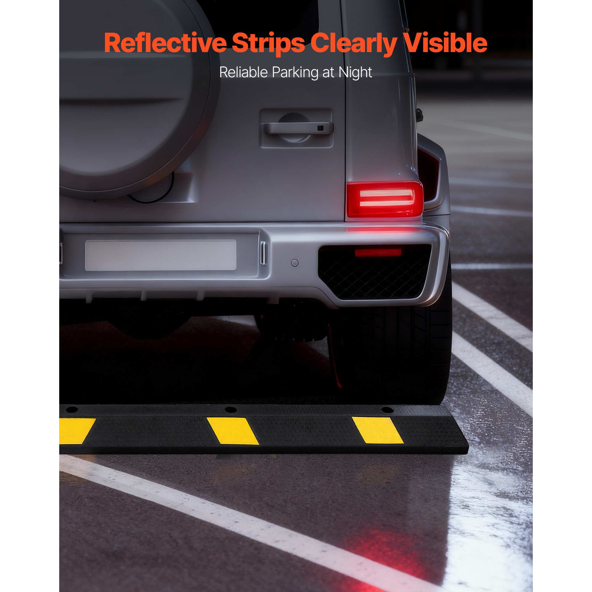 KFFKFF 72-Inch Parking Stopper, Set of 2 Durable Garage Parking Aids, Rubber Curb Floor Stop with Reflective Strips, Tire Guide Blocks for Cars, Vans, and Trucks