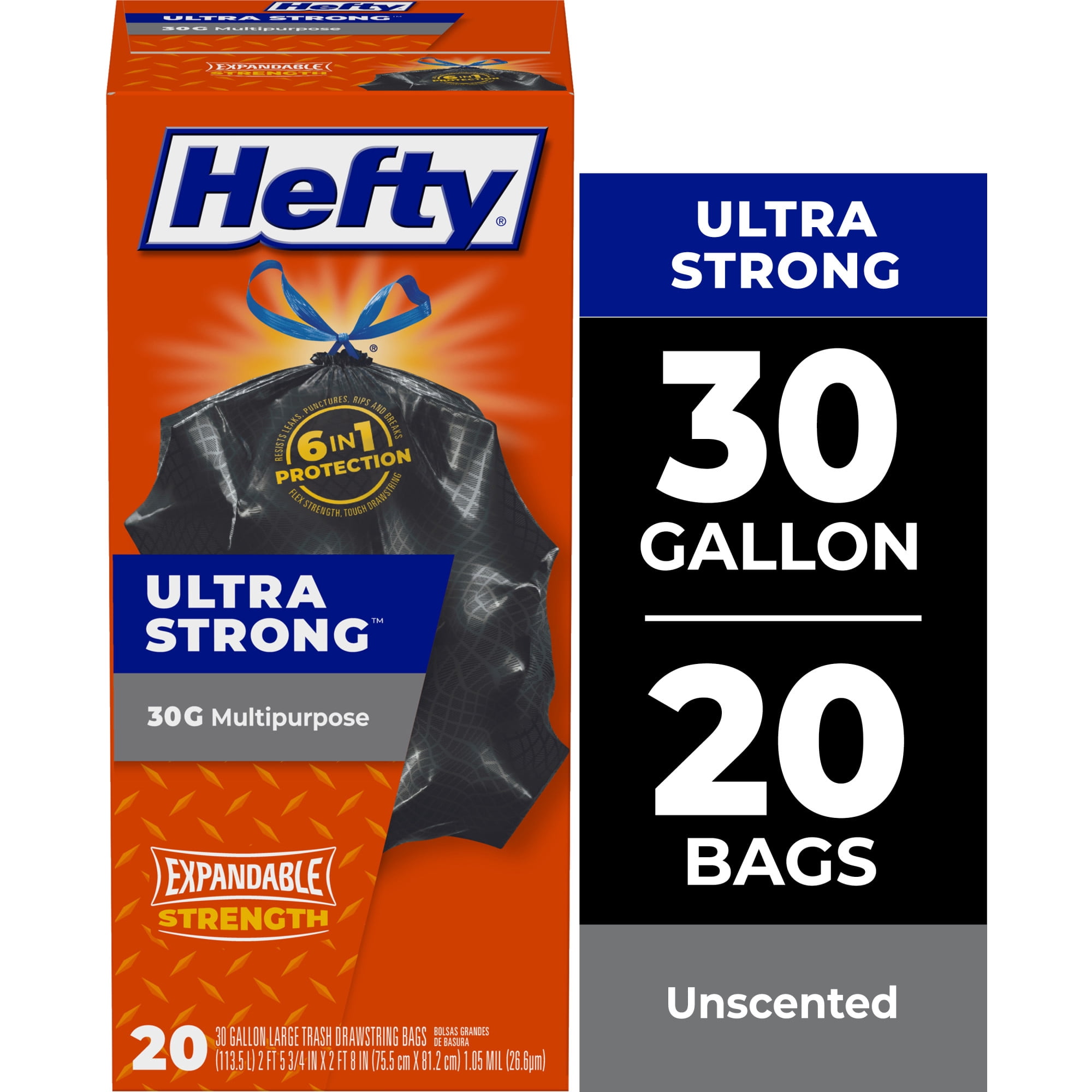 Hefty Ultra Strong Multipurpose Large Trash Bags, Black, Unscented, 30 Gallon, 20 Count