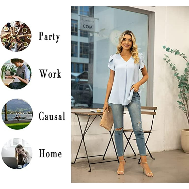 Womens Summer Dressy Chiffon Blouses V Neck Short Sleeve Tunic Tops for  Leggings Casual T-Shirts 2024 