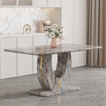 LUFTUT Modern Dining Table for 6, Gray Wood Grain Kitchen Table with U-Shaped Pedestal Base and Gold Strip Accent, 1.8" Thick MDF Dinner Table, Rectangular Top, Easy Assembly for Apartment/Loft