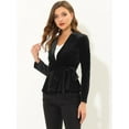 thumbnail image 3 of Chaqueta tipo blazer con cuello de solapa y cinturón de terciopelo para oficina de trabajo para mujer Negro L, 3 of 5