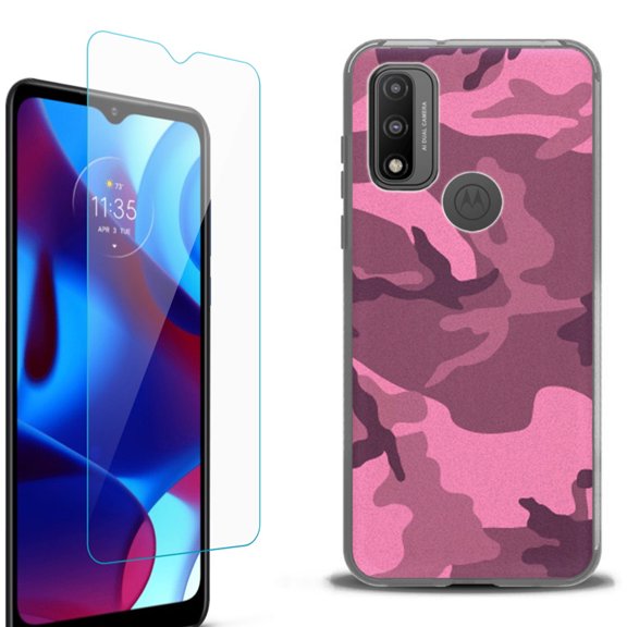 Slim-Fit Protective Phone Case (Black) compatible with Motorola Moto G Pure 5G, with Tempered Glass Screen Protector, by OneToughShield ® - Camo Pink
