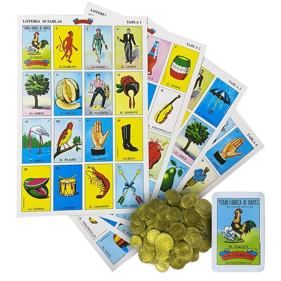 Loteria Mexicana Tradicional Jumbo Don Clemente Para 10 Jugadores Con 100 Monedas - Jumbo Size Mexican Bingo Set With 100 Counting Chips Plastic Coins For 10 Players With Deck Of Cards And Boards