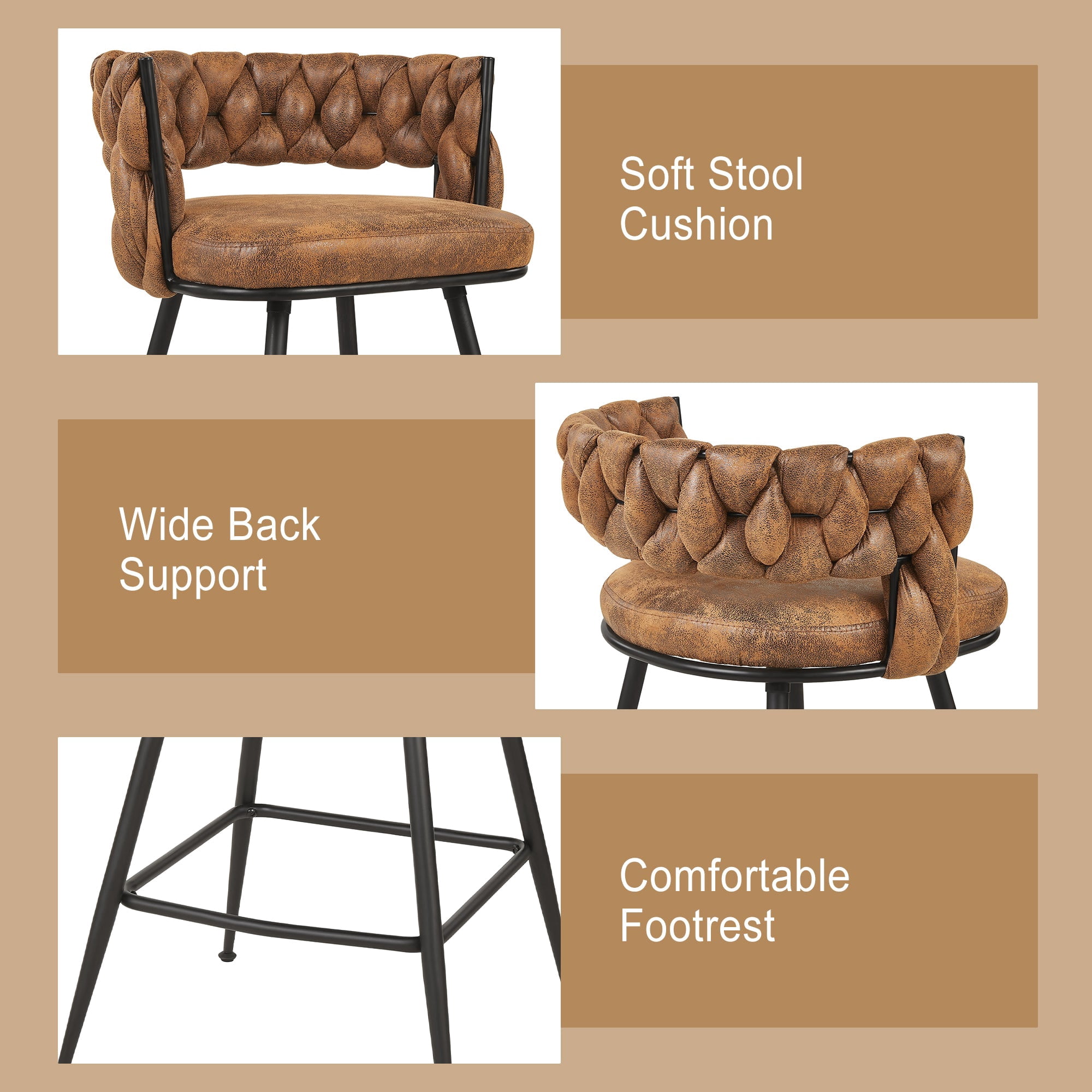 VECELO Modern Braided Bar Stools Set of 4 – Suede Fabric Counter Height Stools with Woven Back Support & Footrest, Heavy-Duty Metal Frame Bar Chairs for Kitchen Island,Brown