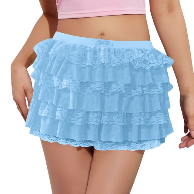 NINGMENG Skirts For Women Summer Solid Color Ruffle Lace Elastic Waist Bow Front Micro Mini Skirt Outwear,Blue,XL