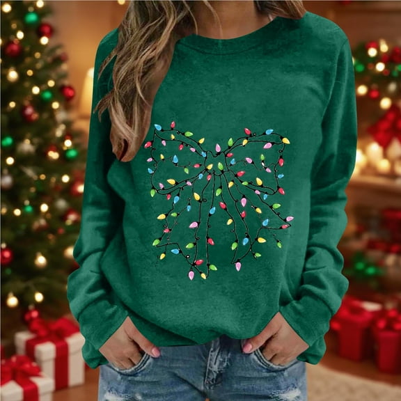 Ounisa Christmas T Shirt Womens Casual Bow Print Long Sleeve Round Collar Shirt Blouse Funny Pullover Graphic Tees Sweatshirt