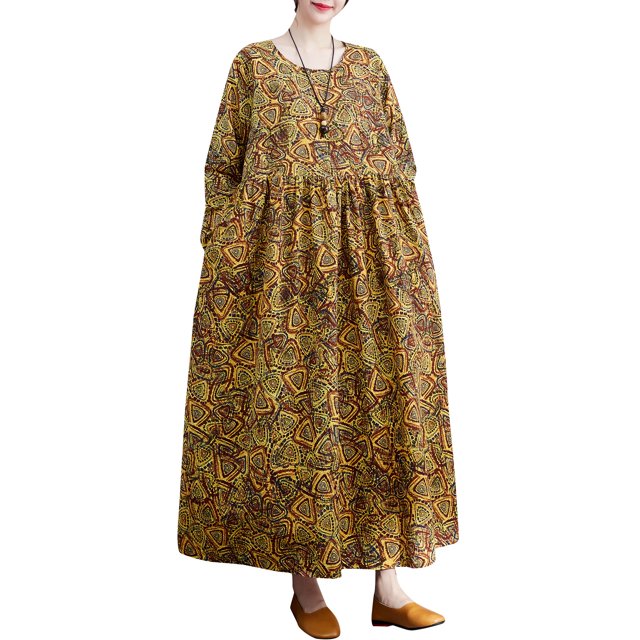 Vestido Irfora Vestido suelto de mujer con bolsillos Manga larga Impreso Vintage Casual Vestido de vacaciones Irfora Vestido