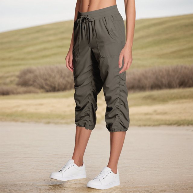 Capri Workout Pants for Women Elastic Waist Adjustable Breathable Cargo Pants Pull on Drawstring Lightweight Cinch Bottom Baggy Pants with Pockets Gray XXL