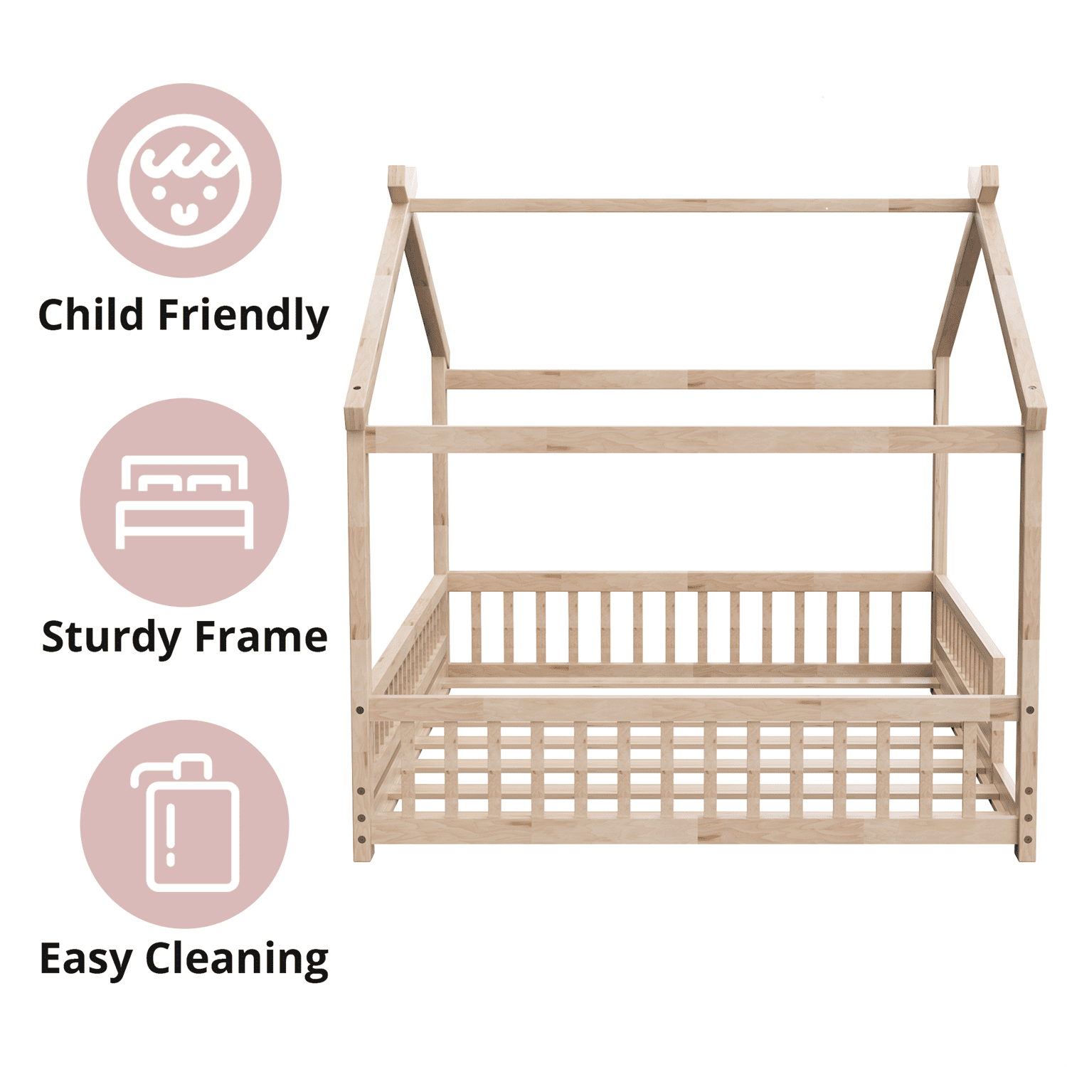 Full Size House Floor Bed with Roof, Wooden Montessori Floor Bed Frame with Safety Fence and Wooden Slats, Montessori House Floor Bed for Boys and Girls, Natural