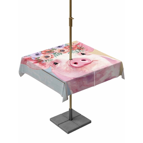 Outdoor Tablecloth with Umbrella Hole for Patio/Picnic/Party/Camping, Farmhouse Pig Waterproof Table Cloth Square Cover Washable, Spring Floral Farm Animal Wooden (54"x 54")