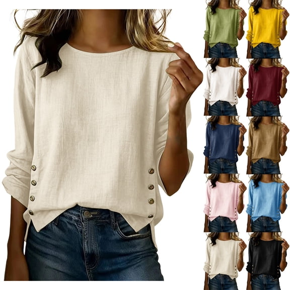 Delayuji Women's Cotton Linen Shirt Round Neck Long Sleeve Shirt with Button Fashion Solid Color Loose Summer Tops Business Casual Outfits