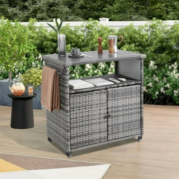 Outdoor Wicker Bar Cart, Rolling Rattan Beverage Serving Cart with Wheels and Glass Top, Patio Wine Bar Counter Table for Garden, Porch, Poolside, Backyard; Gray