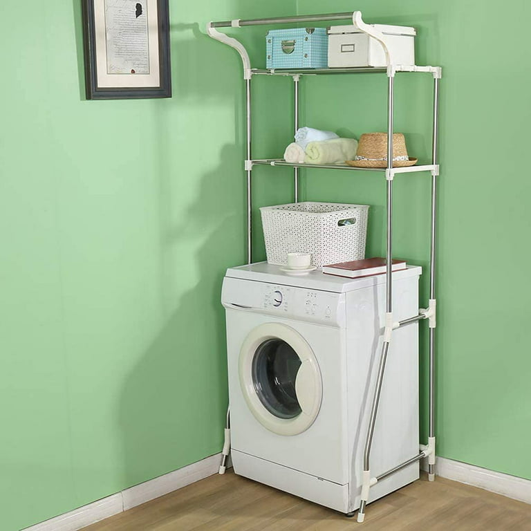 BAOYOUNI 2-Layer Over Washing Machine Storage Rack Utility Metal Bathroom  Shelf 6-Hook Space Saver Width Adjustable Organization for Laundry Room