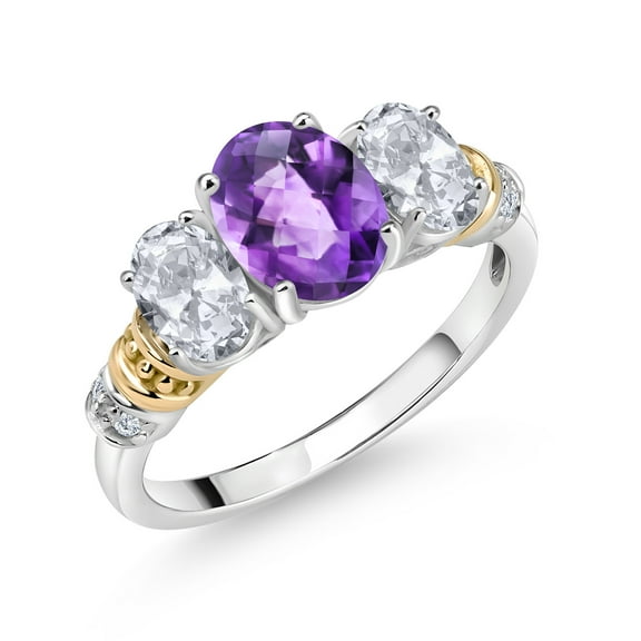 Gem Stone King 925 Sterling Silver and 10K Yellow Gold Oval Purple Amethyst White Topaz and White Diamond 3 Stone Ring for Women (2.43 Cttw, Gemstone February Birthstone, Size 7)