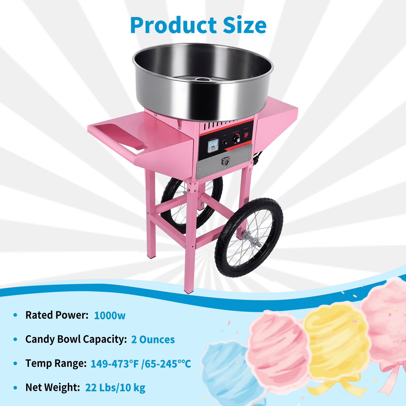 1000W 3000R/M Mobile Rolling Candy Floss Maker Electric Cotton Candy Machine Cart with Cover Stainless Steel Bowl Sugar Scoop and Drawer Commercial Floss Maker for Home Carnival