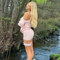 thumbnail image 4 of Loose See-Through Dress Bat Sleeve Off-the-Shoulder Long Sleeve Mini Ruffle Oversized Casual Street Dress Pink S, 4 of 9