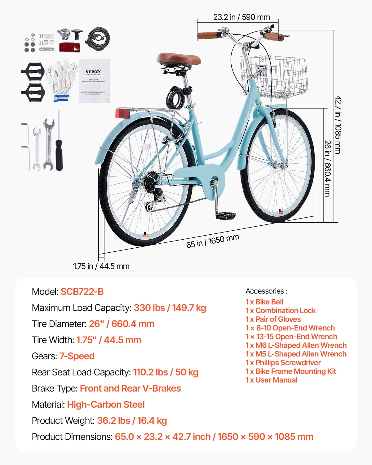 VEVOR Cruiser Bike, 7-Speed, 26-Inch Light Blue Beach Cruiser Bike with Large Capacity Basket and Rear Rack, Secure & Sturdy Cruiser Bike with Adjustable Seat, Fits for Cycling, Exercise & Shopping