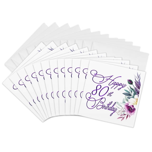 3drose, Happy 80th Birthday in Purple with Purple Flowers, 12 Greeting Cards with Envelopes
