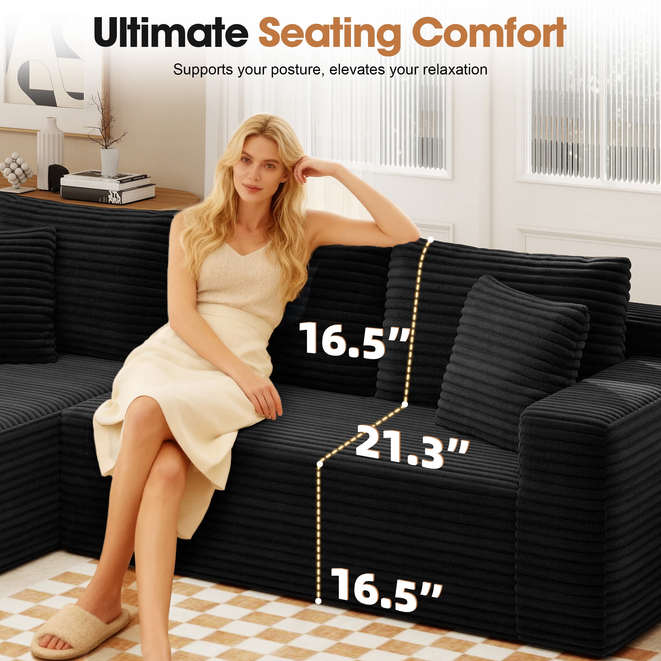 Aukfa Modular Sectional Sofa with Chaise, 95" Boneless Cloud Couch for Living Room, Black