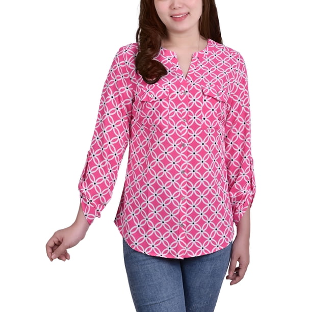 NY Collection 3/4 Roll Tab Sleeve Mandarin Collar Blouse