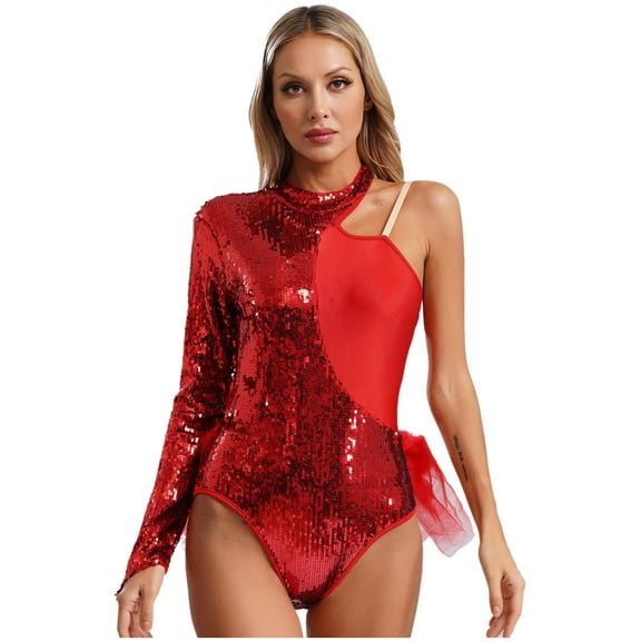 Eandarui Women Asymmetrical Latin Dance Leotard Sequins Long Sleeve Gymnastics Bodysuit Unitard Jazz Dance Tops Red S