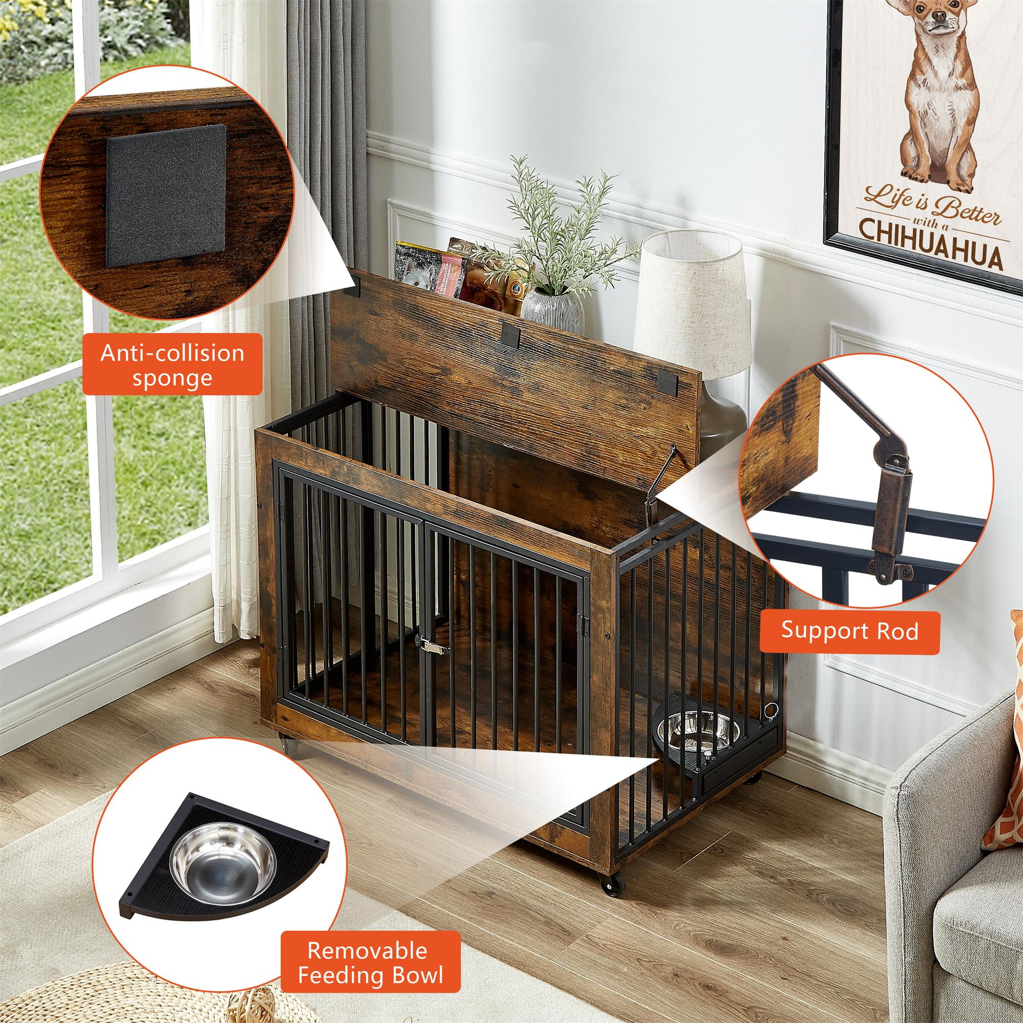 Pefilos 38" Dog Crate with Rotatable Feeding Bowl, Wheels, Three Doors Kennel Flip-Up Top Opening, Furniture Style Dog Cage for Indoor Dogs, Brown Pefilos 38" Dog Crate with Rotatable Feeding Bowl, Wheels, Three Doors Kennel Flip-Up Top Opening, Furniture Style Dog Cage for Indoor Dogs, Brown