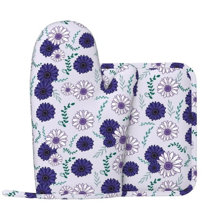 

Fujiman Leaves Daisies Flowers Oven Mitts and Pot Holders Sets with 1 Non-Slip Left Silicone Oven Mitts and 1 Heatproof Insulated Hot Pads for Kitchen Use in Cooking Baking Grilling