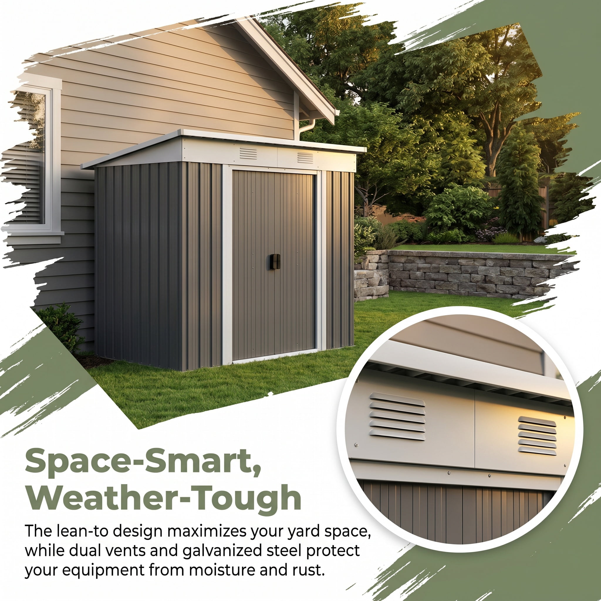 Zateety 6' X 4' Metal Lean To Garden Shed, Outdoor Storage Shed, Garden Tool House with Double Sliding Doors, 2 Air Vents for Backyard, Patio, Lawn, Gray